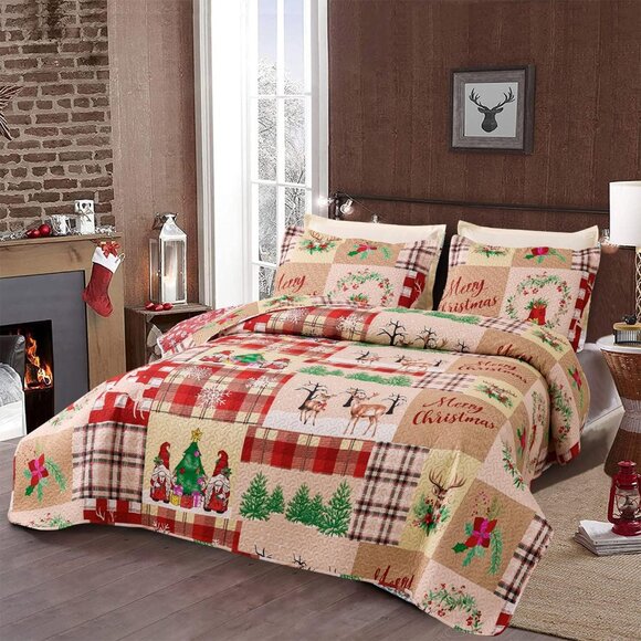 NEW! Christmas Bedding Set Christmas Quilt Bedspread, Gnome Santa Claus Plaid - Picture 2 of 6